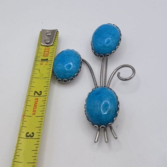 Vintage Estate Turquoise Blue Glass Bracelet Brooch Set Floral Spray Cabochon - Picture 7 of 7